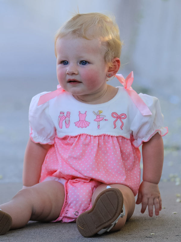 Fall Pink Ballet Embroidery Bow Bubble Romper