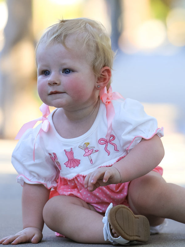 Fall Pink Ballet Embroidery Bow Bubble Romper