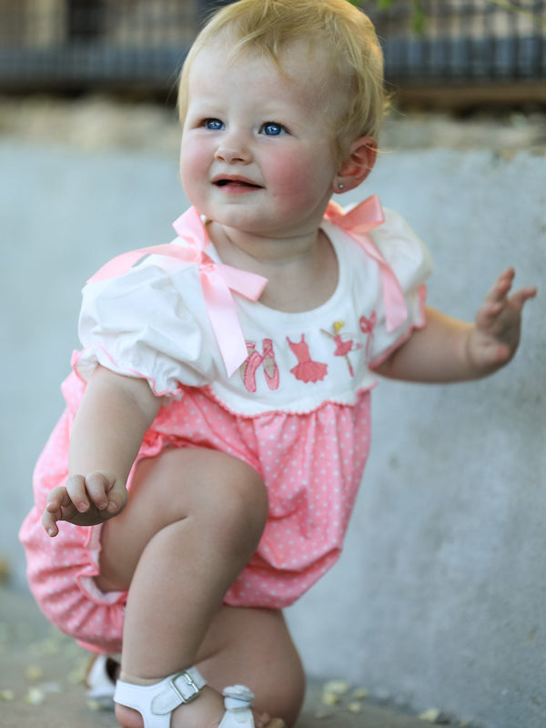 Fall Pink Ballet Embroidery Bow Bubble Romper