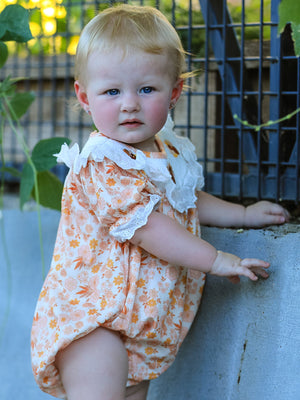 Thanksgiving Turkey Floral Lace Bubble Girls Romper