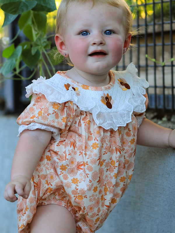 Thanksgiving Turkey Floral Lace Bubble Girls Romper