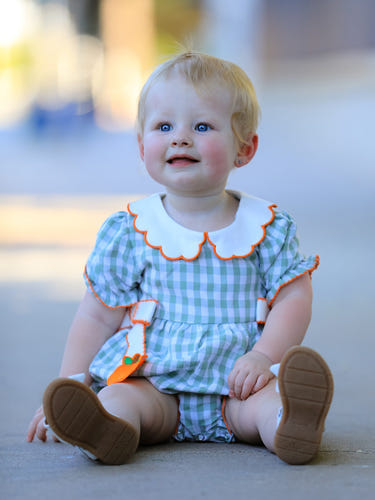 Fall Plaid Baby Girl Romper Pumpkin Bow Peter Pan Collar