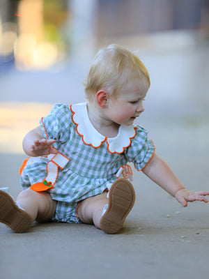Fall Plaid Baby Girl Romper Pumpkin Bow Peter Pan Collar