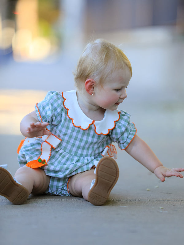 Fall Plaid Baby Girl Romper Pumpkin Bow Peter Pan Collar