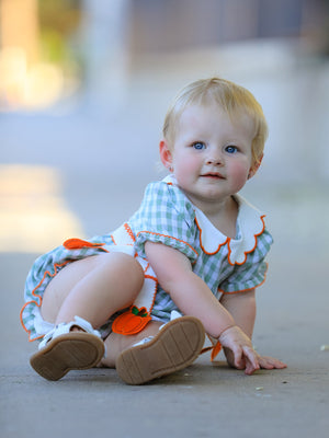 Fall Plaid Baby Girl Romper Pumpkin Bow Peter Pan Collar