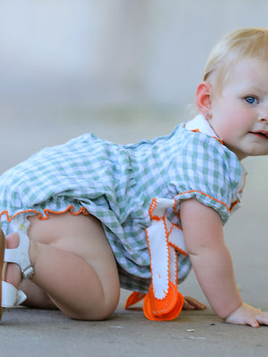 Fall Plaid Baby Girl Romper Pumpkin Bow Peter Pan Collar