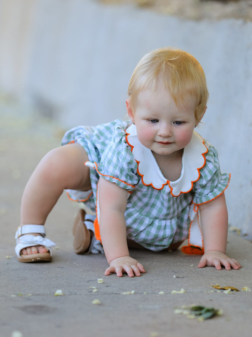 Fall Plaid Baby Girl Romper Pumpkin Bow Peter Pan Collar
