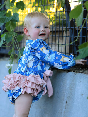 Fall Cat Print Girls Long Sleeve Romper