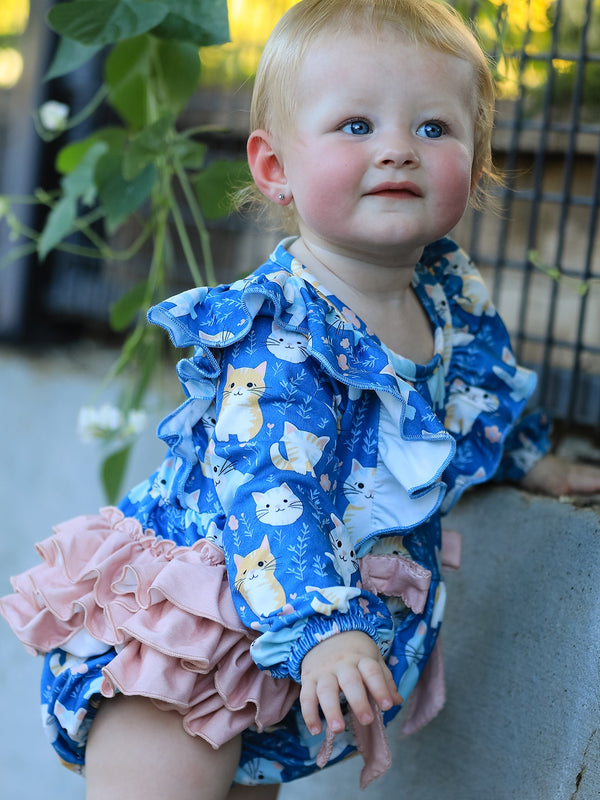 Fall Cat Print Girls Long Sleeve Romper
