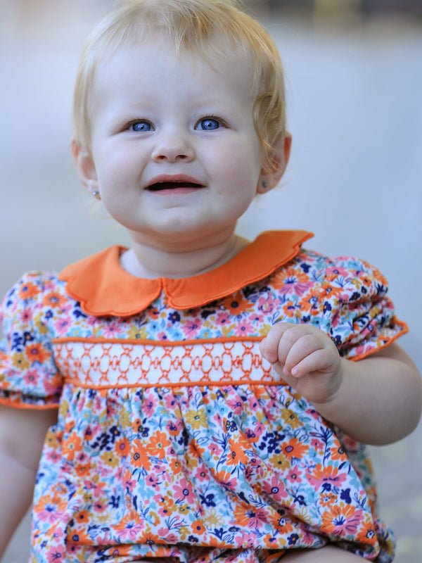 Fall Floral Smocked Petals Collar Girls Bubble Romper