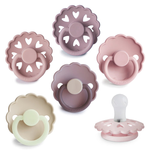 FRIGG Silicone Pacifier 6-Pack in assorted colors for infants, designed for comfort and safety.