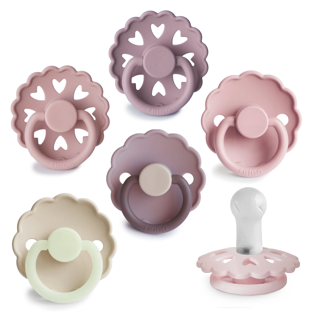 FRIGG Silicone Pacifier 6-Pack in assorted colors for infants, designed for comfort and safety.
