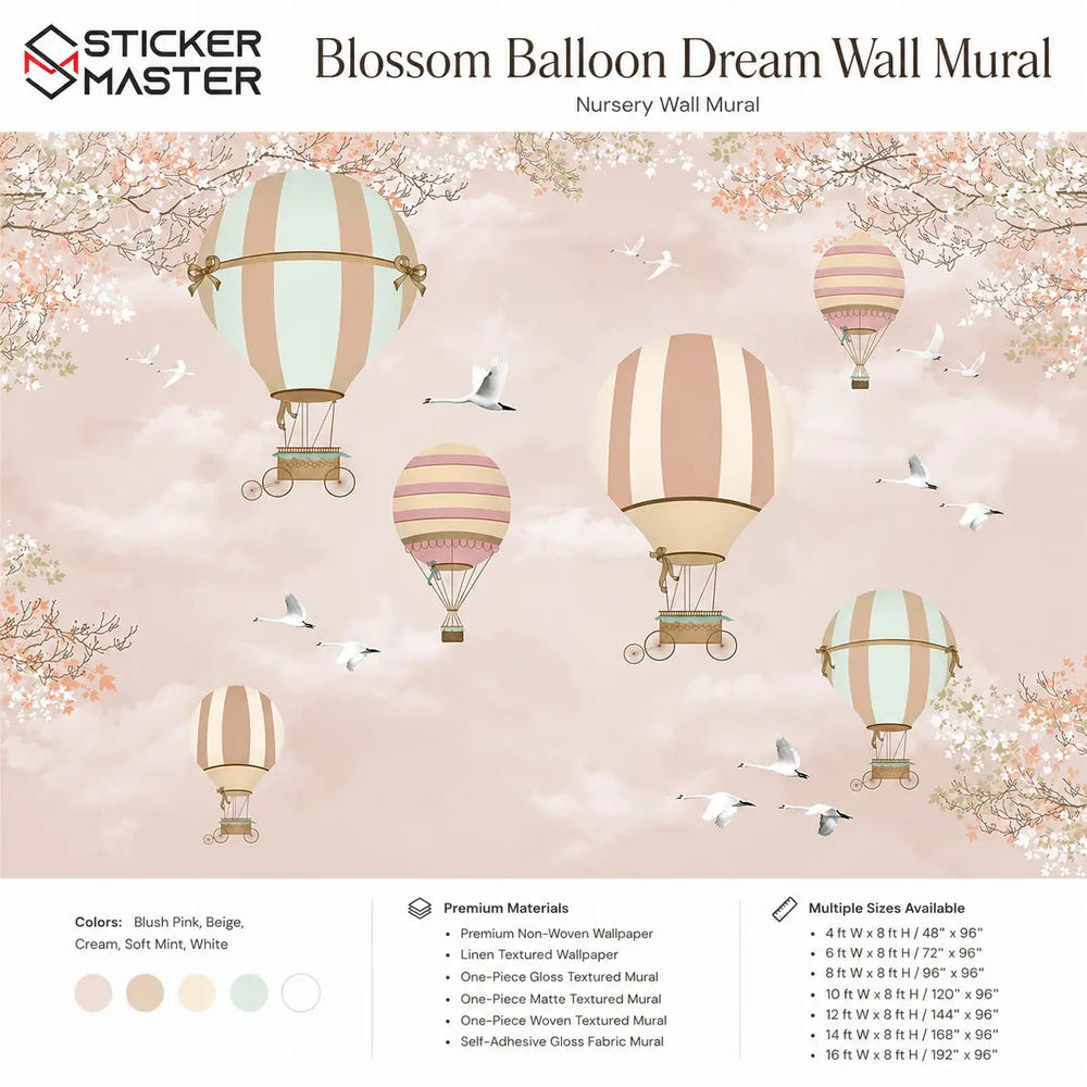 Blossom Balloon Dream Wall Mural | Soft Girls Nursery Wallpaper Design