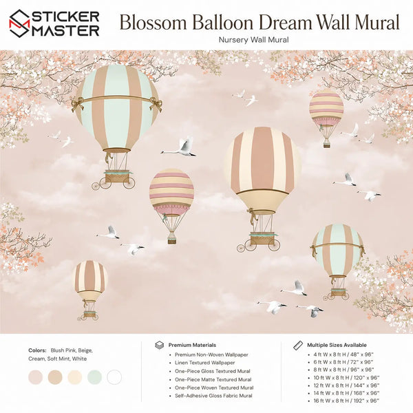 Blossom Balloon Dream Wall Mural / Soft Girls Nursery Wallpaper Design by Sticker Master