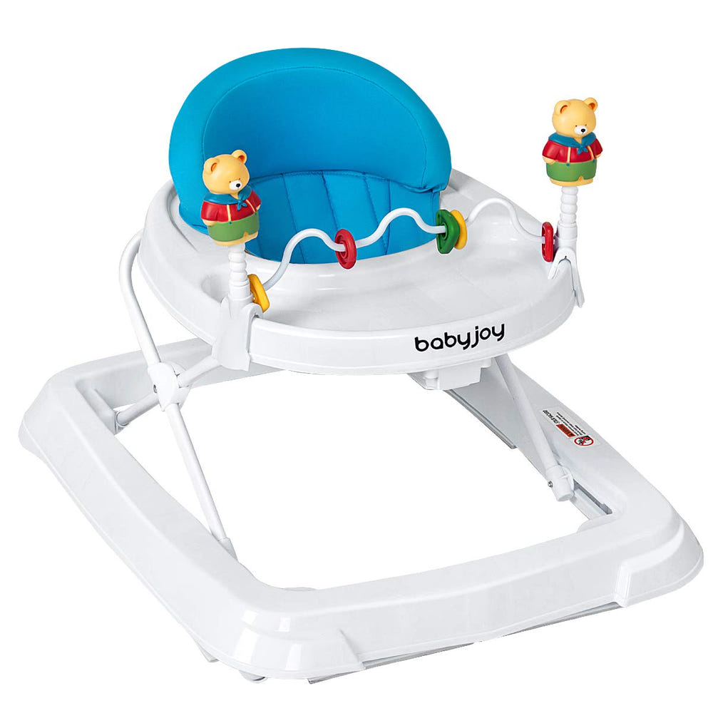 Adjustable height portable baby walker, removable and foldable for easy storage and travel. Ideal for infants.