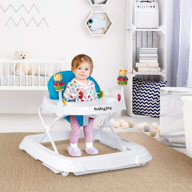 Adjustable height portable baby walker, removable and foldable for easy storage and travel. Ideal for infants.