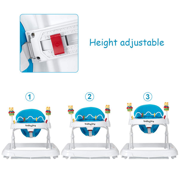 Adjustable height portable baby walker, removable and foldable, shown from angle 7 for easy storage and travel.