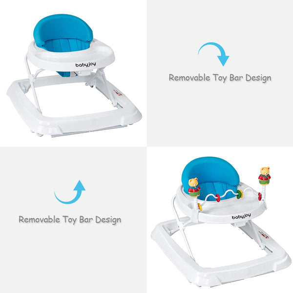 Adjustable height portable baby walker, removable and folding, viewed from angle 8, perfect for growing infants.