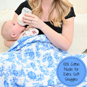 LollyBanks Muslin Baby Blanket, 100% Cotton Lightweight Baby Quilt, 47"x 47" and 6 Layers Newborn Blanket, (Blue Peony Print)