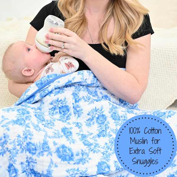 LollyBanks Muslin Baby Blanket, 100% Cotton Lightweight Baby Quilt, 47"x 47" and 6 Layers Newborn Blanket, (Blue Peony Print)