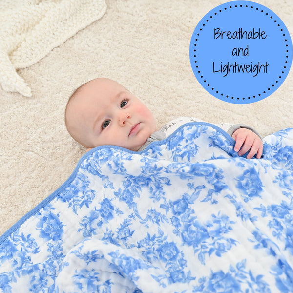 LollyBanks Muslin Baby Blanket, 100% Cotton Lightweight Baby Quilt, 47"x 47" and 6 Layers Newborn Blanket, (Blue Peony Print)