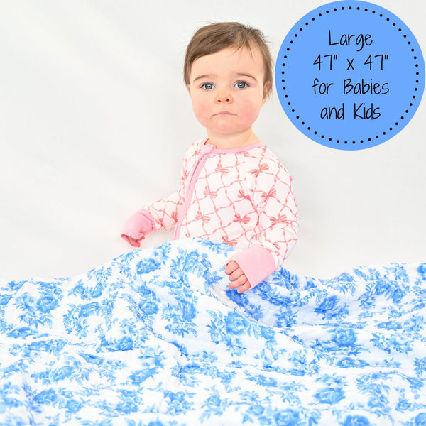 LollyBanks Muslin Baby Blanket, 100% Cotton Lightweight Baby Quilt, 47"x 47" and 6 Layers Newborn Blanket, (Blue Peony Print)