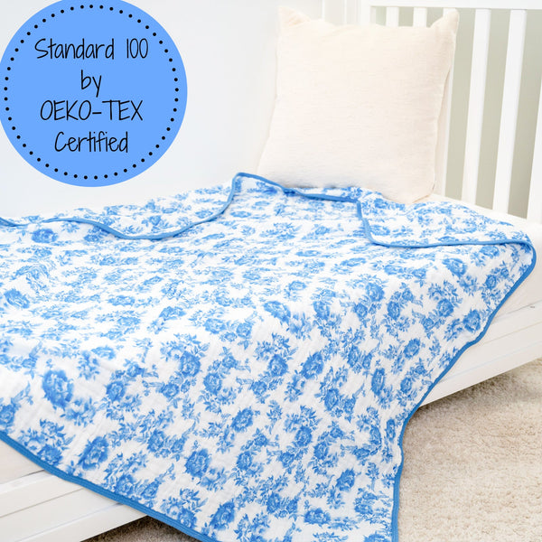 LollyBanks Muslin Baby Blanket, 100% Cotton Lightweight Baby Quilt, 47"x 47" and 6 Layers Newborn Blanket, (Blue Peony Print)