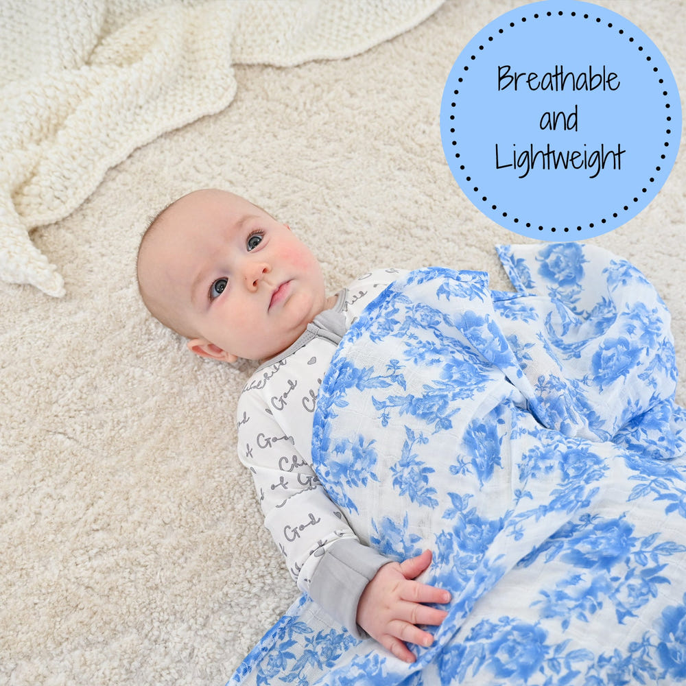 LollyBanks 100% Cotton Muslin Swaddle Blanket, 47"x47", Blue Peony Print for newborns.