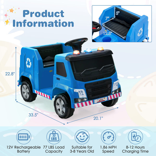 12V Kids Ride-on  Garbage Truck with Warning Lights and 6 Recycling Accessories