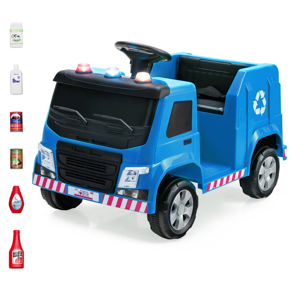 12V Kids Ride-on  Garbage Truck with Warning Lights and 6 Recycling Accessories