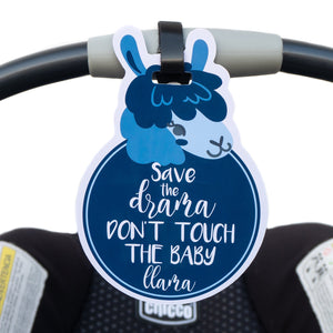 Blue Llama No Touching Baby Car Seat Tag