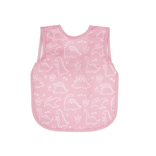 Blush Dino Friends Bapron for babies, angled view showcasing playful dinosaur design and practical bib features.
