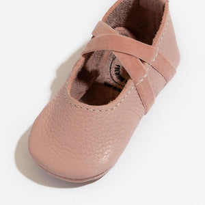 Blush ballet slipper baby shoe, angle 3, perfect for tiny dancers and stylish little ones.