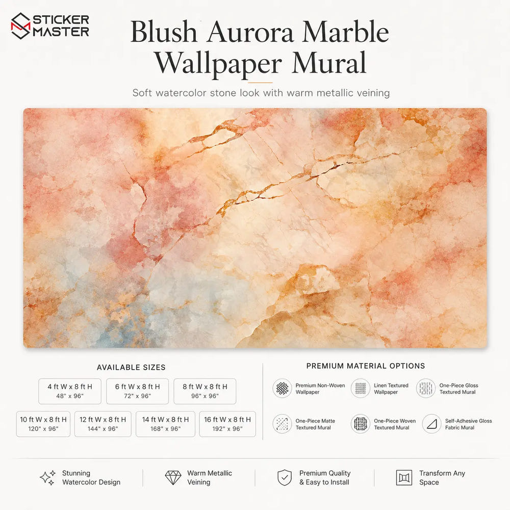 Blush Aurora Marble Wallpaper Mural / Soft Peach Gold Wall Decor by Sticker Master