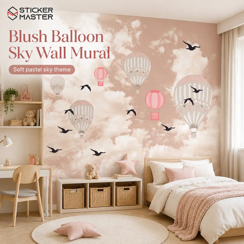 Blush Balloon Sky Nursery Wall Mural | Pastel Pink Kids Wallpaper
