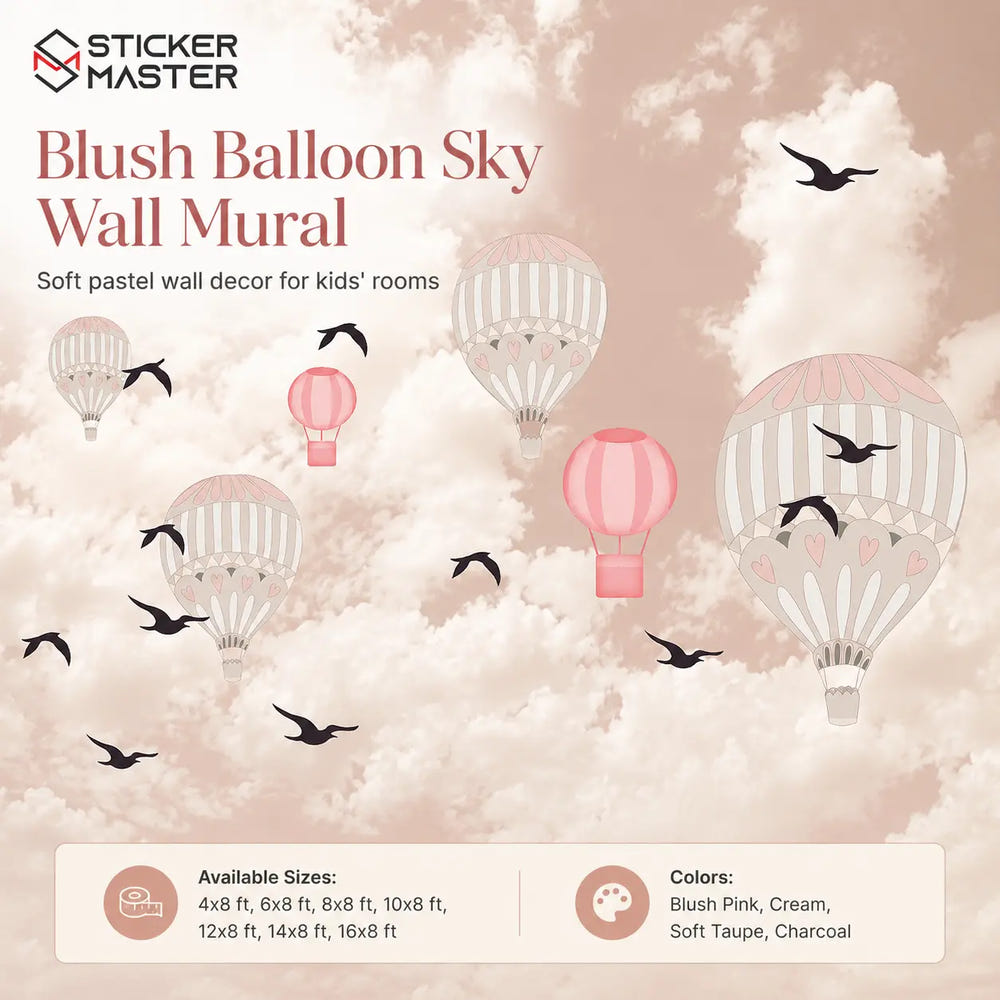 Blush Balloon Sky Nursery Wall Mural | Pastel Pink Kids Wallpaper