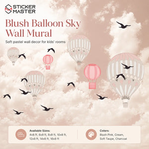 Blush Balloon Sky Nursery Wall Mural | Pastel Pink Kids Wallpaper