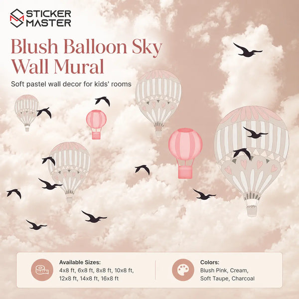 Blush Balloon Sky Nursery Wall Mural | Pastel Pink Kids Wallpaper