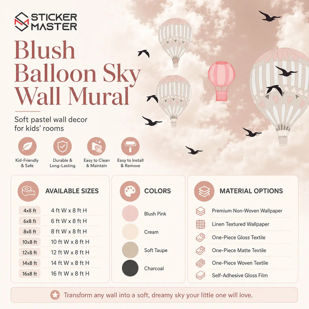 Blush Balloon Sky Nursery Wall Mural / Pastel Pink Kids Wallpaper by Sticker Master