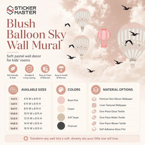 Blush Balloon Sky Nursery Wall Mural | Pastel Pink Kids Wallpaper
