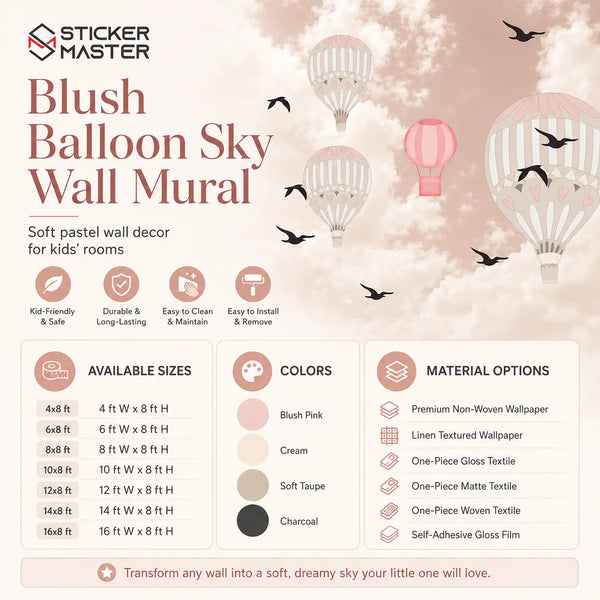 Blush Balloon Sky Nursery Wall Mural | Pastel Pink Kids Wallpaper