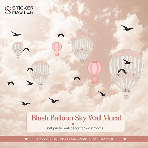 Blush Balloon Sky Nursery Wall Mural | Pastel Pink Kids Wallpaper