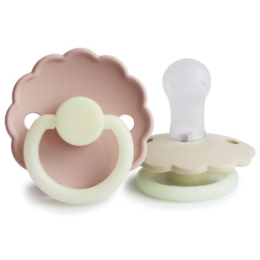 FRIGG Daisy Night Silicone Pacifier 2-Pack in soft colors, perfect for soothing your baby at night.