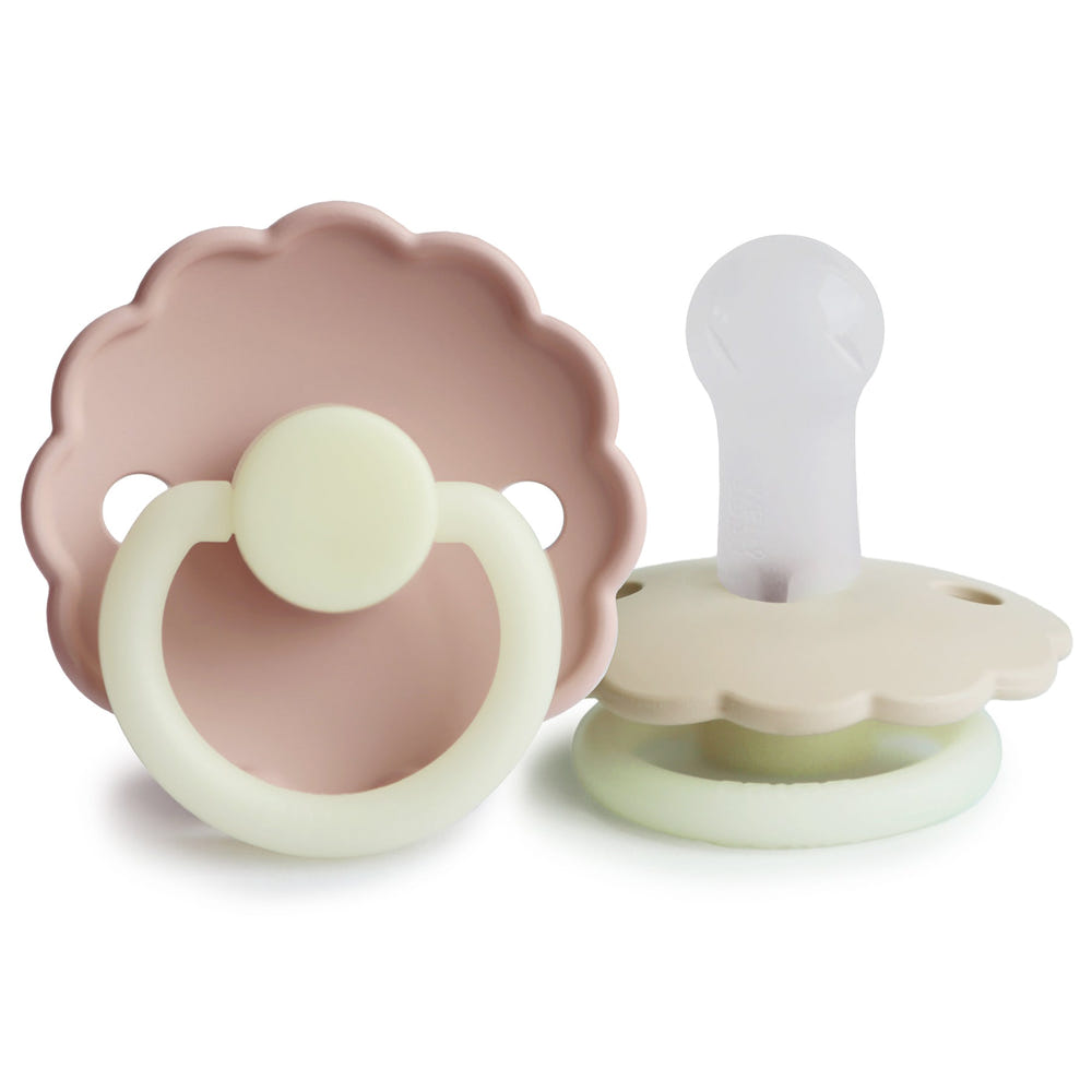 FRIGG Daisy Night Silicone Pacifier 2-Pack in soft colors, perfect for soothing your baby at night.