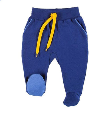 Navy yellow footed pants for boys - comfortable and stylish baby clothing.