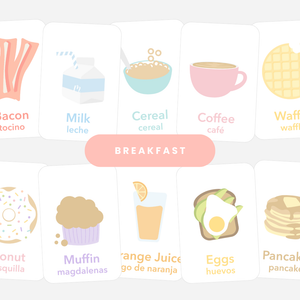 Colorful breakfast flashcards for babies, promoting early learning and sensory play at a 20-degree angle.