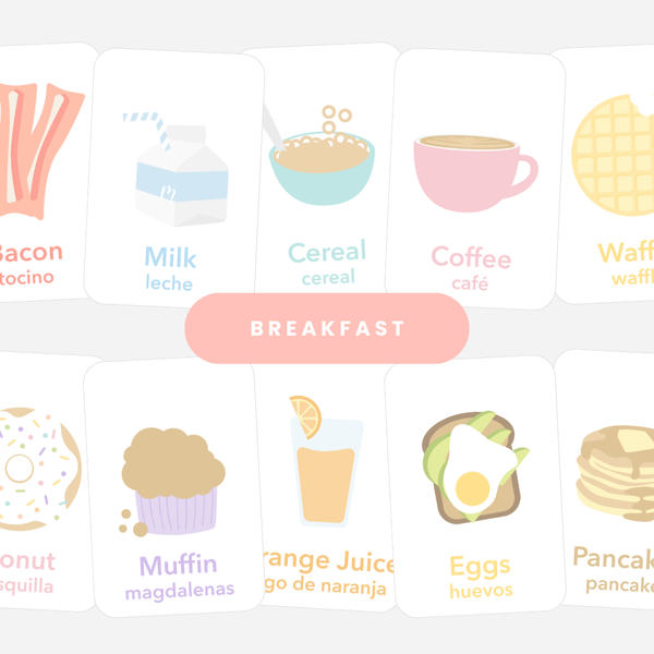Colorful breakfast flashcards for babies, promoting early learning and sensory play at a 20-degree angle.