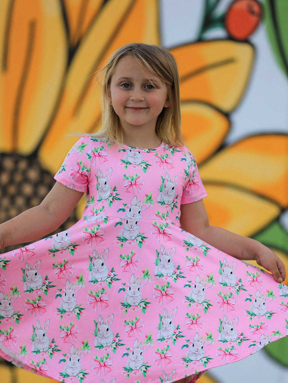 Easter Pink Bunny Floral Print Short Sleeve Dress