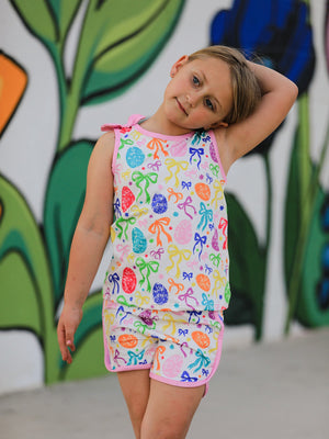 Rainbow Easter Egg Print Bow Sleeveless Vest Top and Shorts Set