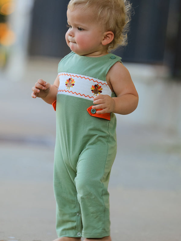 Fall Thanksgiving Chicken Smock Embroidered Green Boys Romper